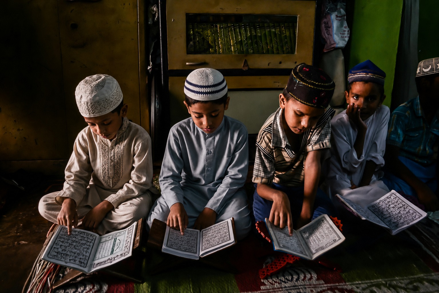 Children reading Quran together in a mosque